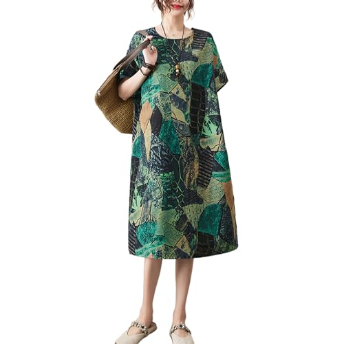 Image of LUZU JUNU Women's Summer Baggy Plus Size Loose Cotton Linen Long Boho Beach Dress with Pockets