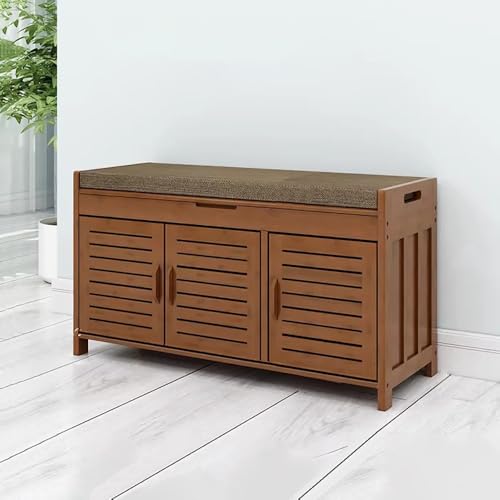 angroups Banco Zapatero, Banco Entrada Recibidor con Asiento Acolchado, Compartimento Oculto, Abierto con Puertas y Estantes para 3 Pares de Zapatos,90x33x50cm
