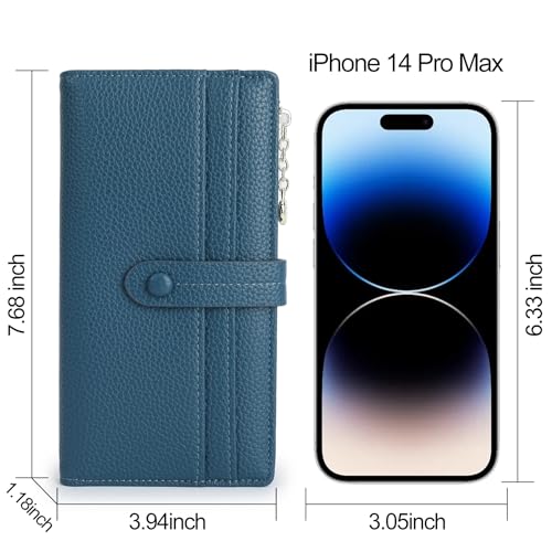 Thin Wallet for Women,PU Leather Bifold Credit Card Wallet,Compact Wallet with Large Clutch with Coin Purse,Smooth Zipper(Blue, Long)3