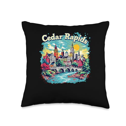 Vintage Cedar Rapids Iowa Sunset Skyline Cityscape Retro Throw Pillow -  merch_template, PD857EBEDJNUS_16X16