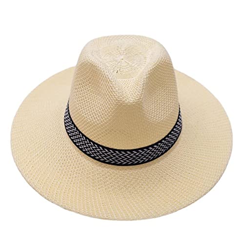 XIXIMAON – Sombrero de paja Panamá con bordes anchos de verano Fedora Trilby Gángster – Sombrero de sol anti-UV con cinta para playa, vacaciones, Beige blanco., Talla única