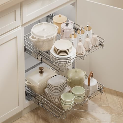 DINDON Pull Out Cabinet Organizer (14" W X 21" D), Cabinet Pull Out Shelves, 2 Tier Pull Out Drawers for Kitchen Cabinets, Wire Basket Slide Out Shelf for Cabinet Organization in Kitchen, Pantry - Image 3