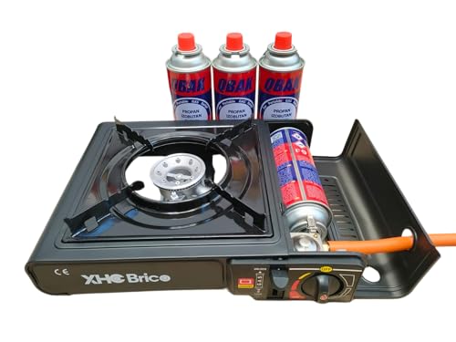 XHC BRICO - Cocina Portatil | Hornillo de camping gas | Estufa de gas portatil para camping | Conexion para botellas de camping gas 227g y bombona grande (Hornillo + 4 Gases)