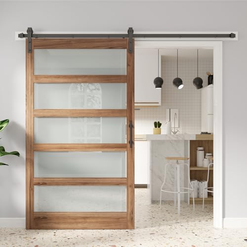 Image of FREDBECK 48 x 80 inch Glass Barn Door with 8FT Barn Door Hardware Kit & Handle Included,5-Panel Frosted Glass,Wood Panel, Water-Proof Surface,Pre-Drilled Holes,Need Assembly