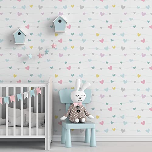 Papel de Parede Adesivo Infantil Corações Coloridos Taciele Alcolea