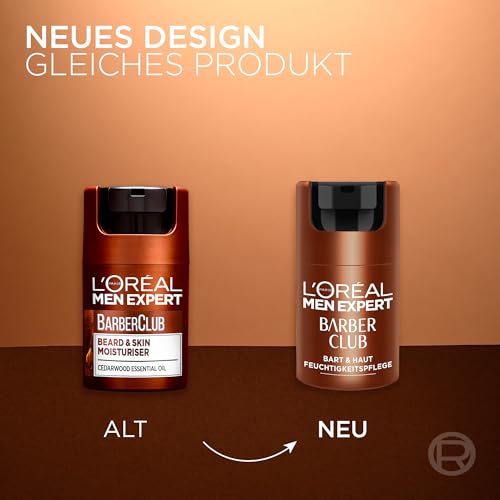 L'Oréal Men Expert Bart & Haut Feuchtigkeitspflege für Männer, Feuchtigkeitscreme für den 3-Tage-Bart, Gesichtscreme für Herren mit holzigem Duft und ätherischem Zedernholzöl, Barber Club, 1 x 50 ml 2