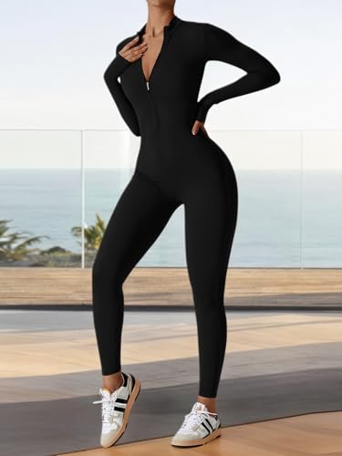 Ecupper-Jumpsuits-Damen-Yoga-Bodycon-Einteiler-Zip-Up-Overall-Rompers-Langaermelig-Workout-Outfit - Sparfuchs24.io - Preisvergleich & Top Angebote Online