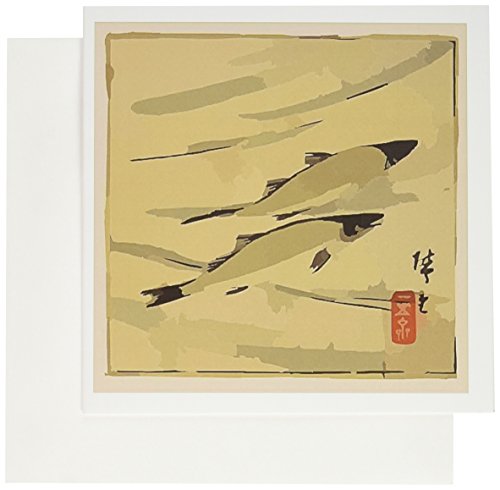 3dRose 8 x 8 x 0.25 Inches Ancient Asian Woodcut Art Trout Swimming Greeting Cards, Set of 6 (gc_157457_1)