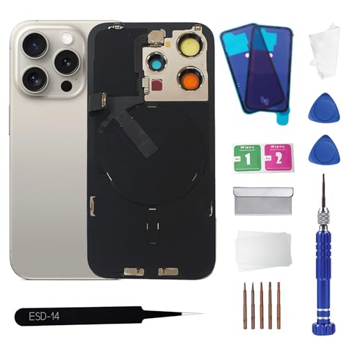 15 Pro Max Back Glass Replacement with Wireless Charging Flex Cable and Camera Frame All Parts for iPhone 15 Pro Max(6.7Inch Natural Titanium) Replacement of Equipment Waterproof Tape