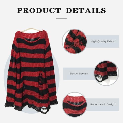 Image of Goth Y2K Striped Sweater with Belt Ripped Punk Gothic Long Sweaters for Women Grunge Distressed Halloween Pullover Tops