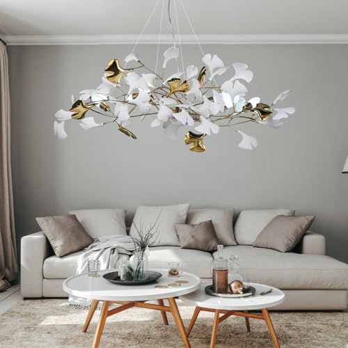 Image of Modern Tree Branch Chandelier for Dining Room, L39inch Ginkgo Leaf Chandeliers Brass Rectangle Chandelier Large Luxury Hanging Lights Fixture for Living Room Kitchen Island, 5-Light