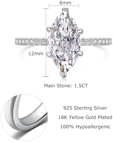 Lab Grown Diamond Ring, 2 CT Marquise Engagement Ring for Woman, 18K White Gold Plated D Color VVS1 Clarity Promise Ring for Her, Simulated Diamond Wedding Band Anniversary Ring