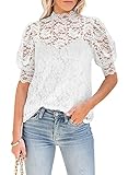 DOROSE Womens Lace Tops Dressy Casual Puff Short Sleeve Floral Summer Blouses Shirts White XL