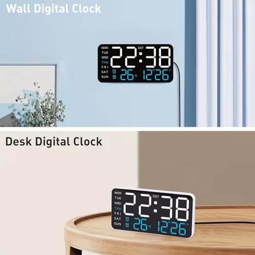 Image of EASEPRES 9 inch LED Digital Wall Clock with Date, Day, Temperature Display & Dual Alarm - USB Powered, Adjustable Brightness - Ideal for Bedroom, Office, Seniors, Home Decor (White + Blue)