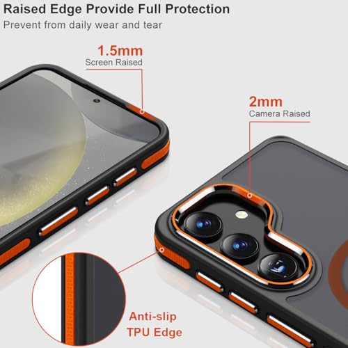 Image of MALEWOLF Magnetic for Samsung Galaxy S25 Case, Translucent Matte Texture S25 Cover [Compatible with Mag Accessories] [S Pen Friendly], Anti-Slip Drop Protection Galaxy S25 Phone Case (Black /Orange)