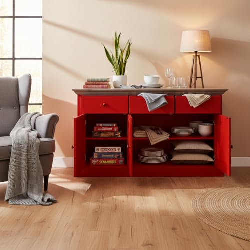 Image of APRODZ Solid Wood Alegre Sideboard Storage Cabinet for Living Room | Red