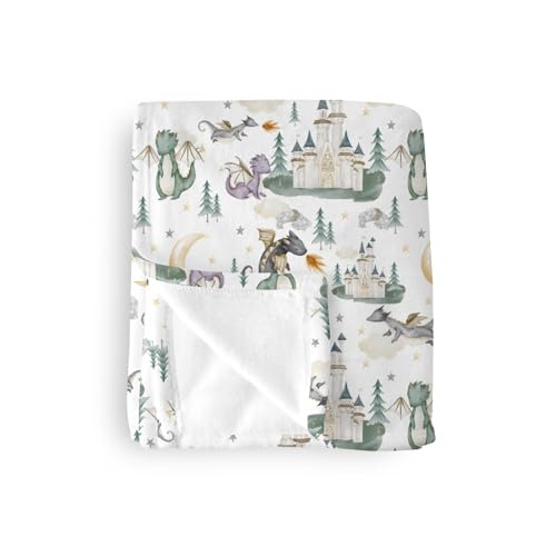 Image of EyMzcod Baby Boy Girl Blankets Dragon Tale Castle, Watercolor Green Moon Clouds Stars Tree Soft Lightweight Nursery Receiving Swaddle, Flannel Newborn Infant Toddler Crib Bedding Kids Gift 30 x 40