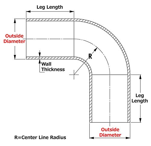 HPS Performance AT90-100-CLR-2 6061 T6 Aluminum Elbow Pipe Tubing, 16 Gauge, 90 Degree Bend, 1" OD, 0.065" Wall Thickness, 2" Center Line Radius