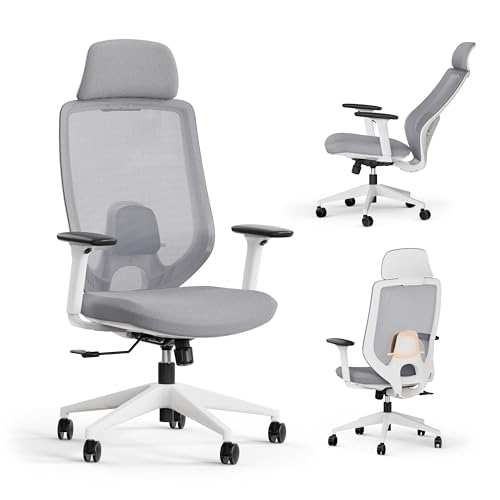 SENSE7 Silla Escritorio Ergonómica para Oficina Cadeira Juvenil Office Chair Ordenador Giratoria Despacho Estudio de Malla con Ruedas Reposabrazos Soporte Lumbar Soporta MAX 150kg - NAKAI Blanco Gris