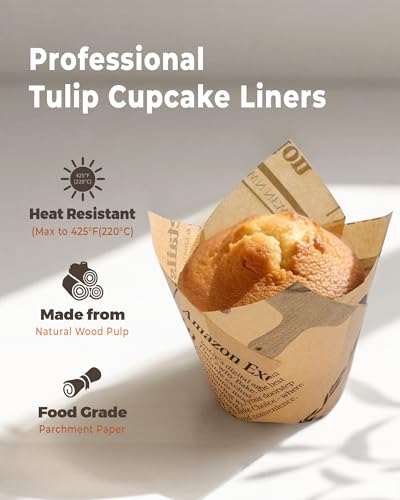 Image of Bake Choice 200pcs Tulip Cupcake Liners for Baking Cups Newspaper Print Parchment Paper Tulip Muffin Liners, Grease Resistant Cupcake Wrappers for Party, Christmas