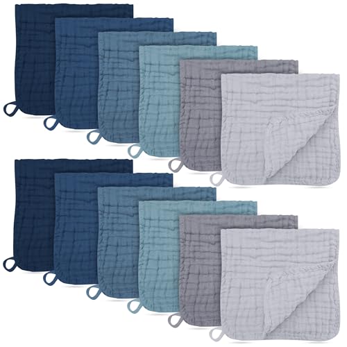 Image of BAMBOO QUEEN 12 Pack Muslin Burp Cloths - Large 20" x 10", Ultra Absorbent 100% Cotton for Baby Drool and Messes - Soft, Gentle Baby Burp Rag for Boys & Girls -Slate, Grey, Navy Series