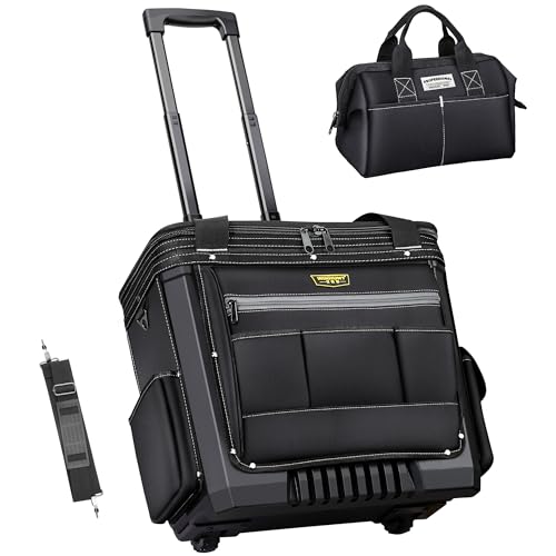 WINHUNT 20'' Rolling Tool Bag with Wheels,Heavy Duty Tool Trolley Wide Mouth Telescoping Handle Storage Organizer with Small Tool Bag, Black
