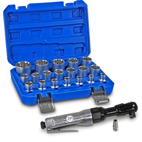 ENVA Druckluft Ratschenschrauber 1/2" + Steckschlüssel Einsatz Satz 19TLG. Werkzeugset inkl. Ratschenschraubendreher 68Nm Drehmoment & Steckschlüssel Set Multiprofil im Kunststoffkoffer