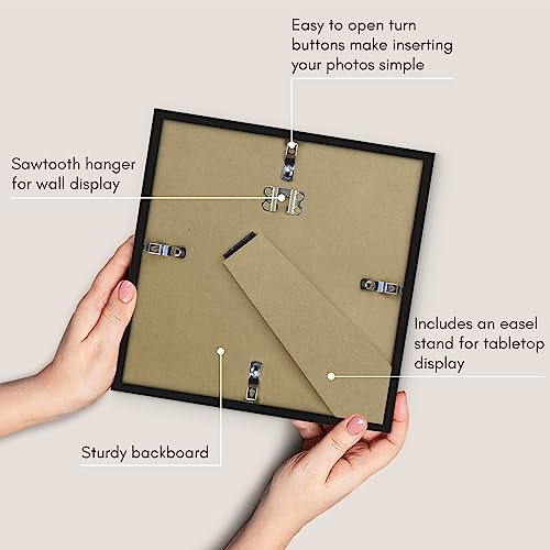 Americanflat 8x8 Picture Frame with Shatter-Resistant Glass - Streamline Collection - Thin Border Square Frame for Tabletop and Wall Display - Hanging Hardware and Easel Stand Included - Black