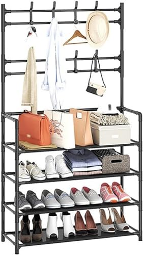 Perchero de 5 niveles, perchero y zapatero, perchero de entrada con 8 ganchos, organizador de zapatos de metal multifuncional para dormitorio, pasillo, oficina