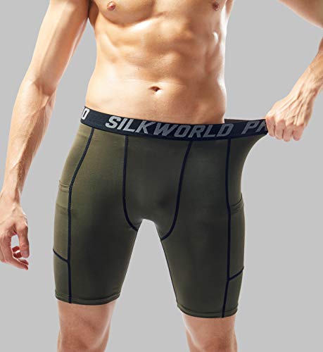 SILKWORLD Men\'s Compression Shorts Pockets Sports Running Tight,Dark Olive Green,XL