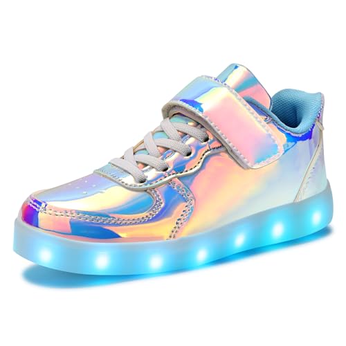 PADGENE Chaussures Enfants Garçon Fille Basket LED Lumineuse 7 Couleurs Clignotants USB Rechargeable Securité Mode, Argent-Coloré Boucle, 29 EU