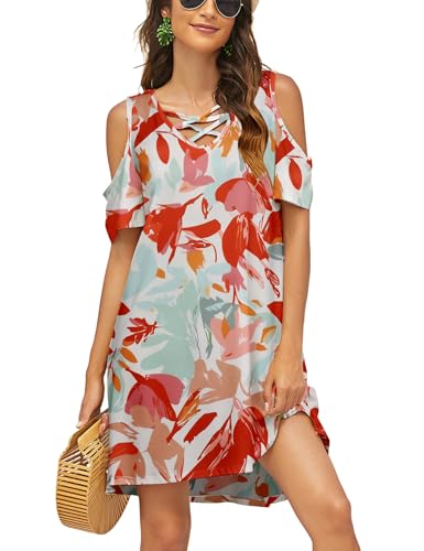 Image of Bluetime Women Cold Shoulder Summer Dress Short Sleeve Beach Casual Loose Swing Dress