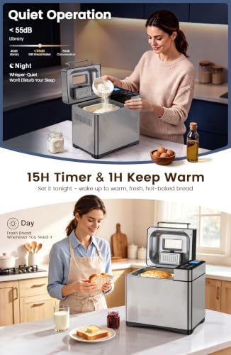 Image of KBS Pro 710W 2.2LB Bread Maker, Stainless Steel 17-in-1 Smart Bread Machine with Healthy Ceramic Pan, Automatic Nut Dispenser, Tempered Glass Touch Panel, 3 Crust Colors, 15H Timer &Keep-Warm, Recipes
