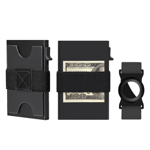 UpLook RFID Blocking AirTag Wallet for Men - Slim Minimalist Design, Holds 12+ Cards & Cash, Quick Access Metal Wallet with Elastic Money Strap & Detachable Air Tag Case (Popular Black)