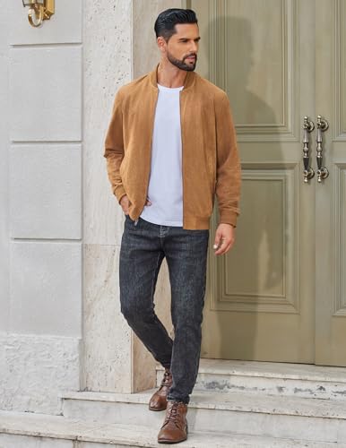 COOFANDY Men's Lightweight Suede Bomber Jackets Casual Varsity Jacket Vintage Faux Leather Jackets4
