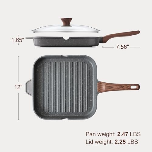 Image of SENSARTE Nonstick Grill Pan with Lid, Grill Pan for Stove Tops, Versatile Griddle with Pour Spouts, Square Big Cooking Surface, Durable Skillet Indoor & Outdoor Grilling. PFOA Free, 12Inch