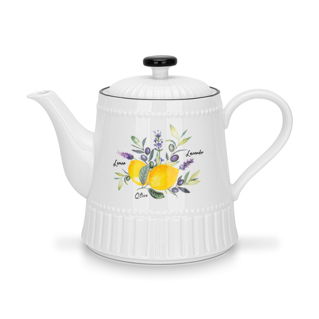 Fissman Tea Pot 1000ml, Lemon Provence Porcelain with Handle and Lid, Coffee Kettle, Suitable for Blooming Tea & Loose Leaf Tea Maker Unique Pottery Housewarming Gift for Tea Lovers