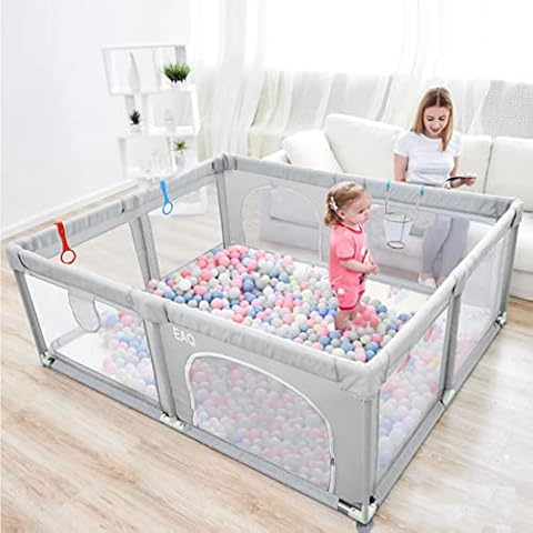EAQ Baby Playpen, Indoor & Outdoor Kids Activity Center with Anti-Slip Base, Sturdy Safety Play Yard with Super Soft Breathable Mesh, Kid's Fence for Infants Toddlers(Grey) (150*180CM) Cover