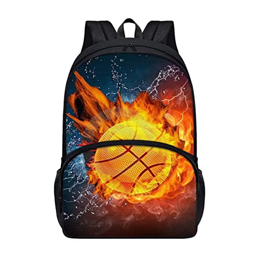 Mumeson Mochila para niños, mochila escolar grande de 17 pulgadas con bolsillos delanteros con cremallera, mochila casual, Fuego de baloncesto, Talla única, Mochilas Daypack