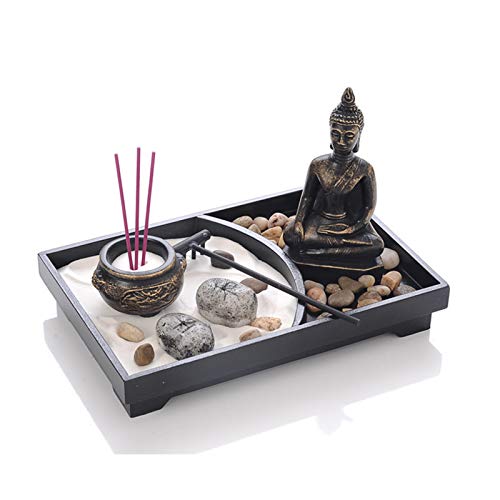 SURPRIZON - Figura de Buda con arena blanca, guijarros, base de madera, meditación arena jardín kit para decoración del hogar y la oficina Cover
