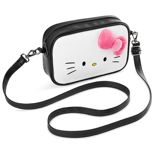 Hello Kitty Sanrio Bolso Bandolera Niña y Chica Adolescente, Bolsos Juveniles con Correa y Cierre de Cremallera, Regalos Anime (Negro/Blanco Hello Kitty)