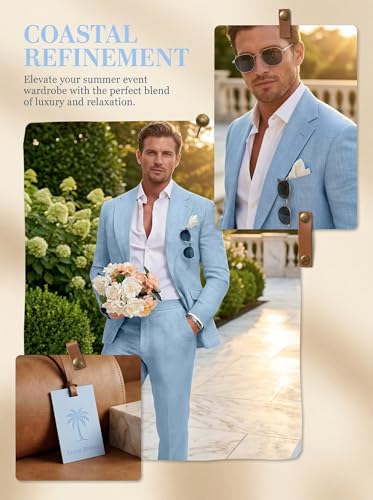 Image of Men's Linen Suit 2 Piece Slim Fit Summer Beach Wedding Prom Party | Breathable,Linen Blazer Suit Set,for Beach Weddings,Groom Wear,Prom and Outdoor Parties,Business Casual,Vacation Daily Wear