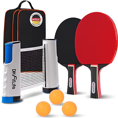 DH FitLife Juego de Raquetas de Ping Pong Para 2 Jugadores Con Red Móvil Extensible, 3 Pelotas, Bolsa de Almacenamiento, Para Cada Mesa
