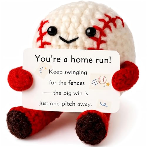 Crochet Baseball Home Run Keepsake Figurine - "You're a Home Run" Encouragement Card, Handmade Motivational Gift for Athletes Goal Getters Desk Decor