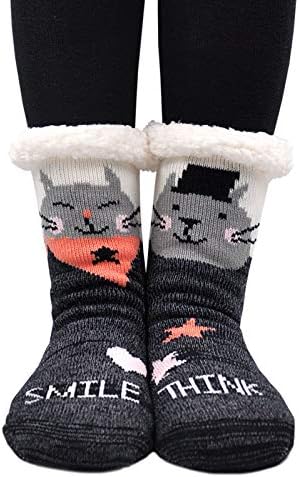 LOFIR Slipper Socks Women Winter Warm Thermal Socks Ldies Fleece Lined Fluffy Socks No-Slip Home Floor Bed Socks Girls Cute Animal Cartoon Socks Christmas Socks, size 4-9,1 Pair