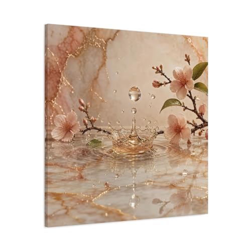 Tableau cerisier japonais rose et or grand format 80x80cm pour salon chic