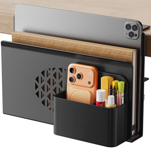 Image of Josmimic Desk Side Storage, Metal Laptop Holder with Magnetic Pen Box, Clamp-On Under Desk Organizer with Cooling Holes & Anti-Scratch Pads for Office and Home (Black)