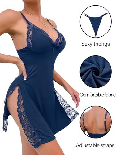 Image of Foxiny Sexy Split Side Floral Lace Trim Full Slip Night Gown Babydoll Lingerie Dress with Thong 2 piece
