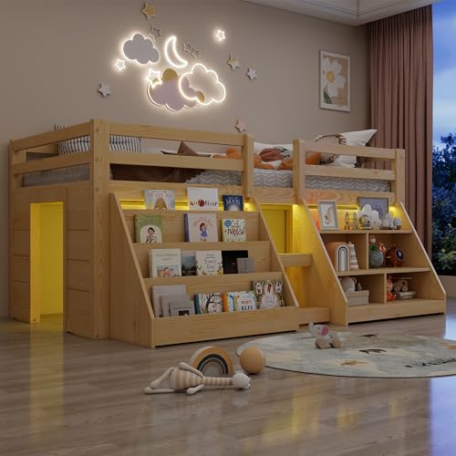 Sapgaks Lit mi Hauteur 90 x 200 cm,lit superposé Enfant Multiples rangements,lit Enfant avec Barriere lit Enfant avec Rangement,Garde-Corps, échelle,pin,Lit Mezzanine...