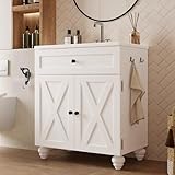 30 Inch Bathroom Vanity with Sink Easy-to-Install Farmhouse Bathroom Sink Cabinet 2-Tier Large Storage Areas with Adjustable Shelves 4-Tier Storage Compartments Tip-out Drawer 2 Hooks Solid Wood Legs